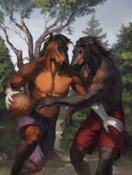  3:4 abs action_scene amazing_background anthro areola ariesredlo athletic athletic_anthro athletic_male ball basketball basketball_(ball) biceps black_mane blue_eyes bottomwear brown_areola brown_body brown_mane brown_nipples brown_skin clothing detailed detailed_background duo equid equine ganachethehorse hand_on_another&#039;s_thigh hi_res holding_ball holding_basketball holding_object horse looking_at_another male mammal mane muscular muscular_anthro muscular_male nature nipples noz_orlok open_mouth orange_eyes outside pecs plant purple_bottomwear purple_clothing purple_shorts red_bottomwear red_clothing red_shorts shorts smile smiling_at_another sport tree vein veiny_muscles 