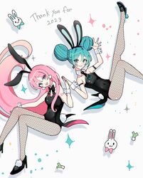  2023 2girls :d animal_ears arm_strap bicute_bunnies_miku black_footwear black_leotard black_necktie blue_eyes blue_hair blush commentary detached_collar dot_nose double_bun earrings fake_animal_ears fake_tail fishnet_pantyhose fishnets foot_out_of_frame foot_up from_above grin hair_between_eyes hair_bun hatsune_miku high_heels highres holding_hands jewelry knees_together_feet_apart leotard long_hair looking_at_viewer lying megurine_luka minazuki_(minaduki_0318) multiple_girls necktie on_side open_hand open_mouth pantyhose pink_hair playboy_bunny pom_pom_(clothes) pom_pom_earrings purple_eyes rabbit_ears rabbit_tail short_hair sidelocks smile sparkle tail thank_you vocaloid white_wrist_cuffs wrist_cuffs 