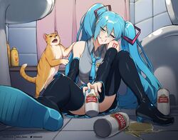  absurdres alcohol allen_skies aqua_hair aqua_nails artist_name bathroom beer beer_can boots can commentary detached_sleeves drink_can english_commentary feline female fingernails foreshortening hatsune_miku highres holding holding_can long_hair nail_polish necktie number_tattoo on_floor patreon_username shampoo_bottle shoe_soles shower_curtain sink sitting spill spilling stella_artois tattoo teeth thigh_boots toilet twintails twitter_username very_long_hair vocaloid 