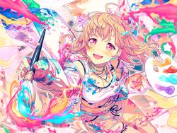  badge bang_dream! blush button_badge choker colorful crop_top dolphin_shorts ear_piercing earrings female floating_hair from_above hair_ornament hairclip hiromachi_nanami holding holding_paintbrush jacket jacket_partially_removed jewelry necklace official_art open_mouth paint paint_splatter paintbrush painting_(action) palette_(object) piercing pink_eyes pink_hair shorts sitting smile solo strap_slip thighlet third-party_source 