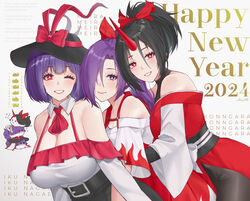  2024 3girls :d ;d adapted_costume aroevela ascot black_hair breasts bright_pupils character_name cleavage closed_mouth commentary_request hair_over_one_eye happy_new_year highres horns japanese_clothes kimono konngara_(touhou) large_breasts looking_at_viewer meira_(touhou) multiple_girls nagae_iku one_eye_closed oni_horns open_mouth ponytail purple_eyes purple_hair red_ascot red_eyes red_horns red_kimono short_hair signature single_horn smile sukusuku_hakutaku touhou touhou_(pc-98) white_pupils 