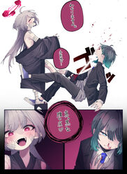  2girls absurdres bandages blazer blood blue_archive blue_eyes breasts bright_pupils female_sensei_(blue_archive) from_side gradient_background gradient_hair green_hair grey_hair halo highres jacket kicking motion_lines multicolored_hair multiple_girls necktie nosebleed oerba_yun_fang okobo pink_eyes ryona sandals sensei_(blue_archive) shuro_(blue_archive) small_breasts speech_bubble sweater teeth translation_request upper_teeth_only vivo_(vivo_sun_0222) white_background 