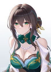  absurdres aqua_dress bare_shoulders bead_necklace beads black_hair breasts brooch cleavage commentary_request dress female frozen-sad gradient_background green_eyes grey_background hair_intakes highres honkai:_star_rail honkai_(series) jewelry large_breasts long_hair looking_at_viewer necklace ruan_mei_(honkai:_star_rail) short_sleeves smile solo upper_body white_background 