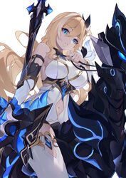  armor asc11 bare_shoulders bianka_durandal_ataegina bianka_durandal_ataegina_(palatinus_equinox) blonde_hair blue_eyes breasts chinese_commentary clothing_cutout commentary_request dress earrings female gauntlets hair_between_eyes hair_ornament highres holding holding_polearm holding_weapon honkai_(series) honkai_impact_3rd horse horseback_riding jewelry krishna_(honkai_impact) large_breasts long_hair looking_at_viewer navel navel_cutout parted_lips polearm riding simple_background solo spear thighhighs weapon white_background white_dress white_thighhighs 