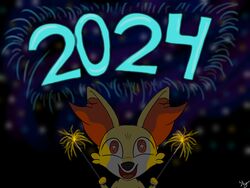  2024 4:3 ambiguous_gender canid canine colored detailed_background digital_media_(artwork) facial_tuft fennekin feral fireworks fur generation_6_pokemon holidays inner_ear_fluff light lighting mammal new_year new_year_2024 nintendo open_mouth open_smile pokemon pokemon_(species) red_body red_eyes red_fur shaded signature slysocx smile solo sparkler sparkles sparkling_eyes star_pupils tuft yellow_body yellow_fur 