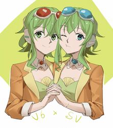  2girls blue-tinted_eyewear blue_eyes brooch cheek-to-cheek collar commentary cropped_torso detached_collar dual_persona goggles goggles_on_head green_eyes green_hair green_tube_top gumi gumi_(ai_megpoid) headphones heads_together highres holding_hands interlocked_fingers jacket jewelry looking_at_viewer multiple_girls one_eye_closed orange_jacket red_goggles simple_background smile strapless synthesizer_v tinted_eyewear tube_top upper_body vocaloid white_background wounds404 