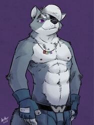  2023 anthro bangs belt bottomwear canid canine canis claws clothed clothing eye_patch eyebrows eyewear fingerless_gloves fur gloves hair handwear hi_res jewelry k-9 lgbt_pride male mammal muscular muscular_anthro muscular_male navel necklace nintendo nipples pants pride_color_jewelry pride_color_necklace pride_colors purple_background rainbow_pride_colors signature simple_background smile solo standing star_fox topless topless_anthro topless_male tuft wolf wolf_o&#039;donnell 