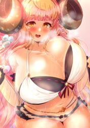  absurdres anila_(granblue_fantasy) anila_(summer)_(granblue_fantasy) belly_chain bikini blonde_hair blush breasts cleavage curled_horns draph female granblue_fantasy ha88hama highres hikimayu horns huge_breasts jewelry layered_bikini long_hair navel open_mouth plump solo swimsuit very_long_hair wet yellow_eyes 