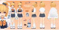  animal_ears baggy_socks bandaid bandaid_on_leg bottle character_name eimi_isami female hamster_ears hamster_girl id_card lab_coat looking_at_viewer lucidsky multiple_views navel official_art orange_background orange_hair orange_ribbon phase_connect pink_eyes reference_sheet ribbon safety_pin school_uniform second-party_source short_hair virtual_youtuber water_bottle white_footwear 