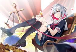  absurdres alternate_costume anchor bag black_socks coin colored_inner_hair earpiece female grey_hair hair_ornament heart highres honkai:_star_rail honkai_(series) kneehighs legs loafers looking_at_viewer multicolored_hair numby_(honkai:_star_rail) red_hair school_bag school_uniform shoe_dangle shoes short_hair smile socks spoken_heart streaked_hair thighs topaz_(honkai:_star_rail) trotter_(honkai:_star_rail) two-tone_hair wangzili_shitoumen 