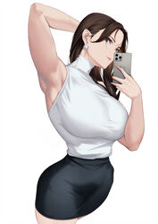  alternate_costume arm_behind_head armpits bare_arms bare_shoulders black_skirt blueorca breasts brown_eyes brown_hair cellphone chun-li earrings female hair_over_shoulder highres holding holding_phone jewelry large_breasts long_hair looking_at_viewer office_lady parted_bangs parted_lips pencil_skirt phone selfie shirt shirt_tucked_in simple_background skirt sleeveless sleeveless_turtleneck smartphone smile solo street_fighter taut_clothes taut_shirt taut_skirt thighs toned turtleneck white_background white_shirt 