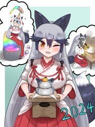  2024 animal_ears aramaru black_hair blush breasts chihaya_(clothing) extra_ears female food fox_ears fox_tail fruit fumo_(doll) grey_hair hair_between_eyes hakama hakama_skirt heart highres holding holding_mallet huge_breasts japanese_clothes kadomatsu kagami_mochi kemono_friends kemono_friends_3 kimono kine long_hair looking_at_viewer mallet mandarin_orange miko mochi mochi_trail mochitsuki mortar_(bowl) official_alternate_costume one_eye_closed red_hakama ribbon-trimmed_sleeves ribbon_trim silver_fox_(kemono_friends) skirt tail welding welding_mask welding_torch when_you_see_it white_kimono wide_sleeves 