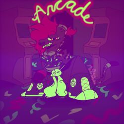  1:1 ambiguous_gender anthro arcade arcade_machine clothing colorful_background colorful_theme crop_top felid fuchsia_(gem_andromeda) gem_andromeda hair hi_res jaguar male mammal neon_sign pantherine ponytail round_ears shirt sign simple_background sneaker_boots solo tail topwear 