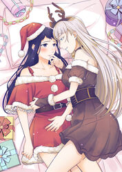  2girls absurdres animal_costume animal_ears bed bell belt black_hair blue_eyes blush box christmas collar collarbone deer_ears eye_contact fake_animal_ears fake_horns finger_to_another&#039;s_mouth gift gift_box gloves green_eyes hairband hat highres horns igarashi_sayaka indoors jingle_bell kakegurui kanbayashi_makoto lipstick long_hair looking_at_another makeup momobami_kirari multiple_girls nail_polish on_bed paper_chain pillow reindeer_costume santa_costume santa_hat short_bangs skirt smile white_hair yuri 