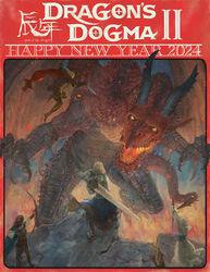  2024 absurdres arisen_(dragon&#039;s_dogma) armor bow_(weapon) breath_weapon breathing_fire cape chinese_zodiac commentary dagger derivative_work dragon dragon&#039;s_dogma_(series) dragon&#039;s_dogma_2 dual_wielding dungeons_&amp;_dragons english_commentary fangs fire glowing glowing_eyes greatsword grigori_(dragon&#039;s_dogma) happy_new_year highres holding holding_staff knife mage_staff official_art pawn_(dragon&#039;s_dogma) robe staff sword weapon wings year_of_the_dragon 