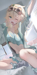  absurdres aqua_eyes aqua_shirt arm_up bad_id bad_pixiv_id bed_sheet blonde_hair collarbone commentary_request crop_top cropped_shirt female grey_jacket grey_socks highres hololive indoors jacket kazama_iroha kazama_iroha_(streetwear) leaf leaf_on_head long_hair looking_at_viewer loose_socks lower_teeth_only midriff navel nekoi_(nekoi_0116) official_alternate_costume official_alternate_hairstyle on_bed one_eye_closed open_clothes open_jacket open_mouth round_teeth shirt short_shorts shorts sitting sleep_mask sleeves_rolled_up socks solo stretching teeth virtual_youtuber waking_up white_shorts yawning 