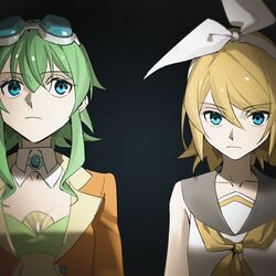  2girls black_background blonde_hair blue-tinted_eyewear blue_eyes bow bow_hairband breasts brooch cleavage collarbone commentary detached_collar english_commentary goggles goggles_on_head green_hair green_tube_top grey_sailor_collar gumi gumi_(ai_megpoid) hairband hairbow highres jacket jewelry kagamine_rin light_frown medium_hair multiple_girls neckerchief orange_jacket sailor_collar school_uniform shirt short_hair sidelocks simple_background sleeveless sleeveless_shirt strapless synthesizer_v tinted_eyewear tube_top upper_body vocaloid white_bow white_shirt wounds404 yellow_neckerchief 