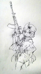  ak-12 assault_rifle breasts closed_mouth commentary cowboy_shot female frilled_hat frills genderswap_(otf) gun hand_on_own_hip hat holding holding_gun holding_weapon jacket kalashnikov_rifle len&#039;en medium_breasts mihimi open_clothes open_jacket rifle rule_63 shirt shitodo_kuroji short_hair shorts simple_background smile traditional_media weapon white_background 