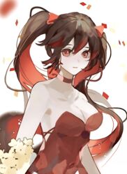  alternate_costume bare_arms bare_shoulders blurry blurry_background bouquet breasts brown_hair chinese_commentary choker cleavage colored_inner_hair colored_tips commentary confetti dress eoo_eewei female flower hair_between_eyes highres long_hair looking_at_viewer lucia_(punishing:_gray_raven) medium_breasts multicolored_hair punishing:_gray_raven red_choker red_dress red_eyes red_hair solo strapless strapless_dress streaked_hair twintails upper_body yellow_flower 