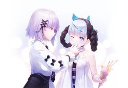  2girls android animal_ears bambinata:_vitrum_(punishing:_gray_raven) bambinata_(punishing:_gray_raven) bare_shoulders black_corset black_hair black_necktie black_ribbon blouse blue_eyes blunt_bangs bob_cut braided_hair_rings breasts cat_ears chinese_commentary chun_plus collar commentary corset doll_joints eating fake_animal_ears food frilled_collar frills hair_ribbon heart heart-shaped_pupils highres ice_cream ice_cream_cone joints light_blush mechanical_parts mechanical_spine medium_breasts multicolored_hair multiple_girls napkin necktie one_eye_closed profile punishing:_gray_raven purple_eyes purple_hair ribbon seams shirt short_hair simple_background small_breasts symbol-shaped_pupils two-tone_hair upper_body vanessa_(punishing:_gray_raven) white_background white_hair white_shirt wiping_mouth 