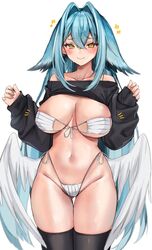  ass_visible_through_thighs bikini black_shirt black_thighhighs blue_hair breasts clothes_lift collarbone feathered_wings female hair_between_eyes hair_intakes highres kamila_(yuniiho) large_breasts long_hair low_wings mask mask_bikini mouth_mask navel off_shoulder original shirt shirt_lift side-tie_bikini_bottom sleeves_past_wrists smile solo surgical_mask swimsuit thigh_gap thighhighs white_wings wings yellow_eyes yuniiho 