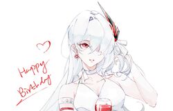  adjusting_hair alcohol alpha_(punishing:_gray_raven) alternate_costume armlet bare_shoulders breasts chinese_commentary cleavage collarbone commentary cup drawn_heart dress drinking_glass earrings eoo_eewei female hair_intakes hair_over_one_eye hair_ribbon halter_dress halterneck hand_up happy_birthday headgear highres jewelry looking_at_viewer lucia:_crimson_abyss_(punishing:_gray_raven) medium_breasts neck_ribbon one_eye_covered parted_lips punishing:_gray_raven red_eyes ribbon simple_background single_bare_arm solo upper_body white_background white_dress white_hair white_ribbon wine wine_glass 