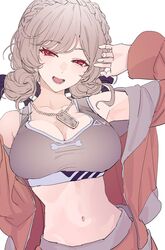  bare_shoulders braid breasts brown_hair brown_sports_bra cleavage dog_tags female french_braid furen_e_lustario furen_e_lustario_(5th_costume) highres jacket jewelry large_breasts medium_hair midriff navel necklace nijisanji obihironn off_shoulder orange_jacket red_eyes sleeveless solo sports_bra virtual_youtuber 