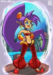  blue_eyes breasts building day detailed_background ear_piercing ear_ring female genie hair harbor humanoid humanoid_pointy_ears long_hair navel not_furry open_mouth open_smile piercing ponytail purple_hair ring_piercing shantae shantae_(series) signature smile solo stoic_seraphim tan_body tan_skin water wayforward 