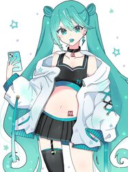  bare_shoulders black_choker black_skirt black_sports_bra black_thighhighs blue_eyes blue_hair blush breasts candy cellphone choker cleavage collarbone contrapposto cowboy_shot dot_nose double_bun earclip earrings female food garter_straps hair_between_eyes hair_bun hand_in_pocket hatsune_miku highres holding holding_phone hood hood_down hooded_jacket jacket jewelry legs_apart lightning_bolt_earrings lightning_bolt_symbol lollipop long_hair long_sleeves looking_at_viewer minazuki_(minaduki_0318) miniskirt mouth_hold navel number_tattoo open_clothes open_jacket phone pleated_skirt puffy_sleeves simple_background single_earring single_thighhigh skirt sleeve_cuffs small_breasts smartphone solo sports_bra spring_onion star_(symbol) stomach tattoo thighhighs twintails very_long_hair vocaloid white_background white_jacket 