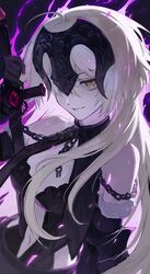  black_dress breasts chains collar dark_background detached_sleeves dress elbow_gloves fate/grand_order fate_(series) female fire frost_fog gloves grin headpiece highres holding holding_sword holding_weapon jeanne_d&#039;arc_alter_(avenger)_(fate) jeanne_d&#039;arc_alter_(avenger)_(third_ascension)_(fate) jeanne_d&#039;arc_alter_(fate) looking_at_viewer medium_breasts metal_collar pale_skin parted_lips purple_fire purple_theme smile solo sword upper_body weapon white_hair yellow_eyes 