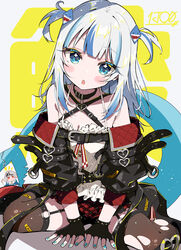  2girls absurdres belt belt_collar black_belt black_jacket blue_eyes blue_hair blue_nails breasts brown_thighhighs cleavage collar cosplay fins fish_tail garter_straps gawr_gura gawr_gura_(1st_costume) gawr_gura_(cosplay) hair_ornament highres hololive hololive_english ichijo_rei jacket long_hair long_sleeves looking_at_viewer multicolored_hair multiple_girls open_mouth red_skirt sakamata_chloe sakamata_chloe_(1st_costume) sakamata_chloe_(cosplay) shark_girl shark_hair_ornament shark_tail sidelocks sitting skirt small_breasts solo_focus streaked_hair tail thighhighs torn_clothes torn_thighhighs two_side_up virtual_youtuber white_hair 