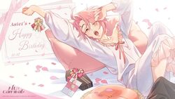  1boy ;o androgynous aster_(nu_carnival) birthday_card box frilled_pants frills gift gift_box girly_boy happy_birthday highres letter long_sleeves looking_at_viewer lying male_focus nu_carnival official_art on_back one_eye_closed open_mouth otoko_no_ko pajamas pants pillow pink_eyes pink_hair pink_petals pink_ribbon pointy_ears ribbon shirt short_hair sleepy vampire waking_up wax_seal white_pants white_shirt yawning 