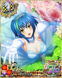  blue_hair breasts card_(medium) character_name chess_piece day dress elbow_gloves female flower gloves grass green_hair hair_between_eyes high_heels high_school_dxd high_school_dxd_pi knight_(chess) looking_at_viewer medium_breasts official_art open_mouth outdoors short_hair solo teeth tiara tongue wedding_dress xenovia_quarta yellow_eyes 