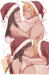  1boy backless_outfit bare_arms bare_shoulders black_hair blonde_hair blue_eyes box breasts christmas christmas_present cloud_strife commentary_request cosplay couple dated eye_contact female final_fantasy final_fantasy_vii final_fantasy_vii_ever_crisis final_fantasy_vii_remake fur-trimmed_headwear fur_trim gift gift_box hat heart hug kissing large_breasts light_blush linono long_hair looking_at_another matching_outfits parted_lips pom_pom_(clothes) red_eyes red_headwear santa_hat short_hair signature single_sidelock sleeveless sleeveless_turtleneck spiked_hair straight sweater tifa_lockhart tifa_lockhart_(cosplay) tifa_lockhart_(fairy_of_the_holy_flame) toned toned_male turtleneck turtleneck_sweater white_sweater 