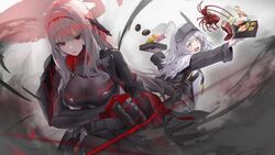  2girls absurdres amejaga armored_bodysuit black_bodysuit blush bodysuit breasts cleavage commentary_request cowboy_shot expressionless food gloves goddess_of_victory:_nikke grey_hair highres holding large_breasts lobster long_hair multiple_girls open_mouth osechi outstretched_arm parted_lips red_eyes scarlet_(black_shadow)_(nikke) scarlet_(nikke) shrimp snow_white_(innocent_days)_(nikke) snow_white_(nikke) standing sushi sword visor_lift weapon white_hair yellow_eyes 