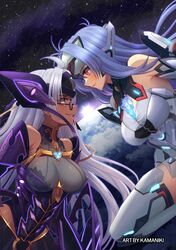  2girls android armored_leotard blue_eyes blue_hair breasts cleavage cyborg dark-skinned_female dark_skin elbow_gloves expressionless forehead_protector glasses gloves glowing_crystal headgear kamaniki kos-mos kos-mos_re: large_breasts leotard long_hair multiple_girls red_eyes smile t-elos t-elos_re: very_long_hair xenoblade_chronicles_(series) xenoblade_chronicles_2 xenosaga xenosaga_episode_iii 