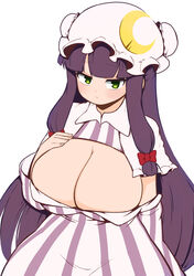  absurdres blunt_bangs breasts cleavage closed_mouth commentary_request dress female hat highres himajin_noizu huge_breasts japanese_clothes kimono long_hair looking_at_viewer mob_cap patchouli_knowledge purple_dress purple_hair sidelocks simple_background solo striped_clothes striped_kimono touhou white_background yellow_eyes 