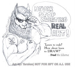  ai_generated_media_(subject) anthro camelid deviantart deviantart:dreamup dreamupllamas english_text eyewear fur hi_res llama male mammal muscular nft rant solo sunglasses swag taralen tattoo text traditional_media_(artwork) wool_(fur) 