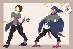  after_transformation anthro ass avian avian_feet beak before_and_after belly big_belly blue_body blue_feathers body_part_growth bottomwear breast_growth breasts claws clothed clothing egg emanata exclamation_point feathers female gender_transformation generation_3_pokemon growth human human_to_anthro male mammal mental_pictographics mid_transformation mtf_transformation nintendo pants pictographics pokemon pokemon_(species) pregnant question_mark rapid_pregnancy shirt solo species_transformation swellow tail tail_feathers thought_bubble tomek1000 topwear transformation transformation_sequence winged_arms wings 