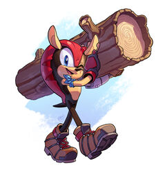  1boy armband black_fur blue_eyes boots christmas commission evan_stanley fingerless_gloves furry furry_male gloves highres lifting looking_at_viewer male_focus mighty_the_armadillo one_eye_closed pointy_nose scar scar_across_eye solo sonic_(series) walking wood 