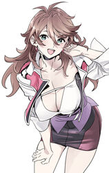  black_skirt blue_eyes breasts brown_hair cleavage collarbone earrings female head_tilt jacket jewelry leaning_forward long_hair nishieda open_mouth sakurai_sagiri skirt smile solo super_robot_wars super_robot_wars_t white_background white_jacket 