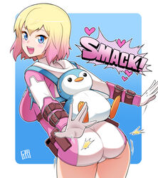  animification ass backpack bag blue_eyes bowieknife breasts character_backpack cowboy_shot female gwenpool heart hooded_leotard leotard looking_back marvel multicolored_hair multicolored_leotard short_hair smile sound_effects spanking_self superhero_costume thighs two-tone_hair 