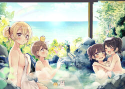  4girls :d ^_^ absurdres animal bird black_hair black_ribbon blush breasts brown_eyes brown_hair chick closed_eyes commentary_request completely_nude convenient_arm covering_privates day hair_bun hair_ribbon highres higuchi_kaede_(swing!!) horizon medium_breasts miyasato_haruka multiple_girls nude nude_cover ocean official_art okamoto_natsuhi onsen open_mouth outdoors ponytail rabbit rainbow ribbon sakura_oriko same-sex_bathing shared_bathing short_hair single_hair_bun smile swing!! towel towel_on_head water wavy_mouth yokomine_ibuki 