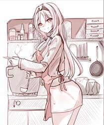  absurdres an-94_(girls&#039;_frontline) apron cooking_pot english_commentary female girls&#039;_frontline hairband highres holding holding_ladle holding_plate kitchen ladle long_hair long_sleeves monochrome pencil_skirt peroronti plate shirt skirt smile solo steam turtleneck 