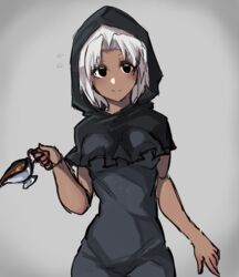  alternate_color alternate_hair_color alternate_skin_color black_dress black_eyes black_hood breasts closed_mouth commentary_request cookie_(touhou) cowboy_shot dark-skinned_female dark_skin dress female flour_(cookie) gravy gravy_boat grey_background holding hood hood_up kumoi_ichirin long_hair looking_at_viewer medium_breasts shimosuke smile solo touhou white_hair 