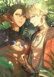  2boys abs ahoge bare_pectorals black_hair blonde_hair bracelet brown_hair cape commentary_request dark-skinned_male dark_skin earrings egyptian egyptian_clothes fate/grand_order fate_(series) gilgamesh_(fate) gilgamesh_(sumerian_garb)_(fate) highres holding jewelry long_sleeves looking_at_viewer male_focus multiple_boys necklace nipples no_tattoo official_alternate_costume ozymandias_(fate) pectorals red_eyes short_hair signature smile sunlight takashi_(huzakenna) toned toned_male topless_male upper_body yellow_eyes 