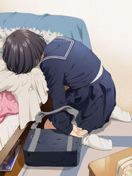  bag bed bed_sheet black_hair blanket blue_bag blue_sailor_collar blue_shirt blue_skirt bob_cut commentary face_down female from_behind from_side full_body holding holding_bag indoors kneeling long_sleeves loose_hair_strand mattaku_mousuke no_shoes on_floor original pleated_skirt rug sailor_collar school_bag school_uniform serafuku shirt short_hair skirt sleepy socks solo table twitter_username undershirt undershirt_peek watermark white_socks wooden_floor 