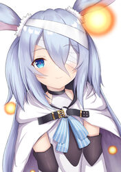  animal_ears bandage_over_one_eye bandages blue_eyes cloak commentary_request elbow_gloves female gloves grey_hair highres little_witch_nobeta long_hair monica_(little_witch_nobeta) rabbit_ears simple_background smile solo tabard tikken two_side_up upper_body white_background white_cloak white_gloves white_tabard 