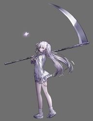  bug butterfly commentary expressionless female floating_hair from_behind full_body grey_background highres holding holding_scythe long_hair long_sleeves looking_at_viewer looking_back original ramuya_(lamb) scythe shirt shoes short_shorts shorts simple_background sneakers socks solo standing thighs twintails white_eyes white_footwear white_hair white_shirt white_shorts white_socks 