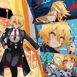  +_+ black_jacket black_pants blonde_hair blood blood_on_face commentary don_quixote_(project_moon) e.g.o_(project_moon) female highres jacket limbus_company nakame77 necktie official_alternate_costume pants project_moon red_necktie short_hair symbol-only_commentary yellow_eyes 